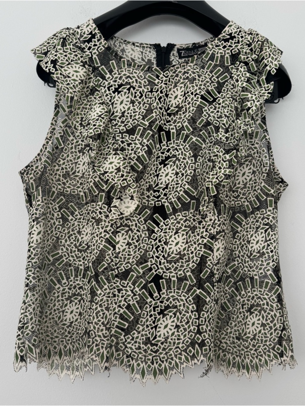 Avenue Green White Scallop Lace Sheer Blouse Mesh Zip Festival Boho Romance M